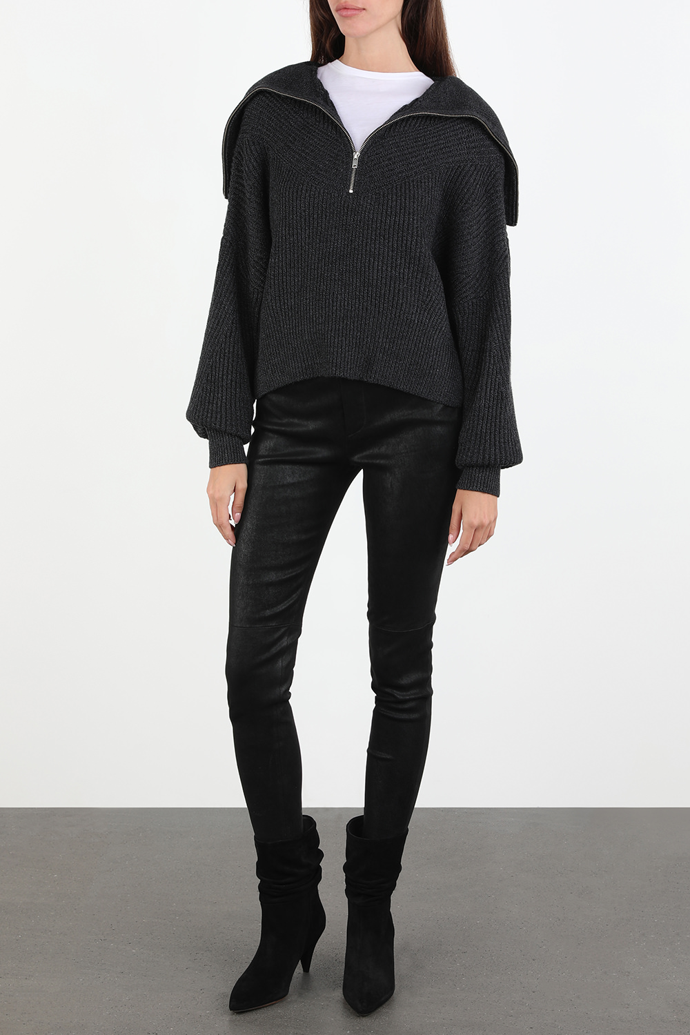 Joanna Front Zip Ribbed Sweater In Smoky Black IRO
